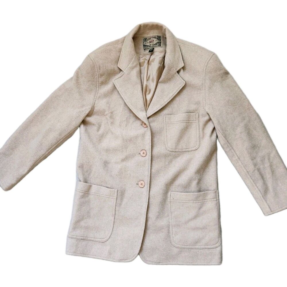 VTG Express Jeans Wool Cashmere Blend Blazer Tan Button Front Lined Womens Sz S